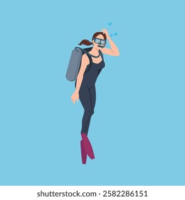 Woman in full scuba diving gear explores the underwater world, surrounded by bubbles. Flat vector illustration isolated on white background