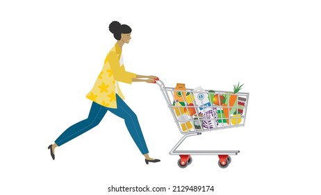 woman with full shopping cart. Isolated on white background. Vector illustration.