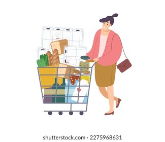 Woman with full of stuffs shopping cart isolated on white background. Concept of supermarket shopping, retail store, grocery, hoarding, buying groceries. Flat vector illustration character.