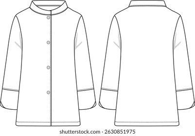 Woman full-length jacket round collar, snap buttons fastening, long sleeves with cuff, sketch front and back