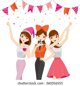Woman Fun In Party With Drinks, Singing, Dancing, Drinking, Corporate, Banquet, Feast, Company, Celebration