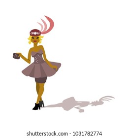A woman in a funky fashionable outfit with a wild hat, boots, and a small purse.