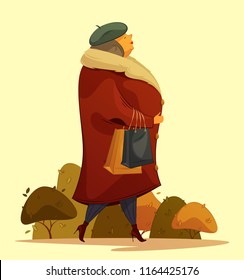 A woman in a fur coat and beret comes from the store. She has bags in her hands. Vector cartoon illustration