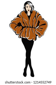 Woman in fur coat. Fashion sketch. Vector illustration. Eps 10.