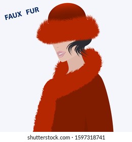 Woman in a fur coat and hat, red long pile - vector. Artificial fur. Fashionable clothes winter