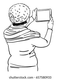Woman in fur hat and tight clothes takes photo using tablet, View from back, Hand drawn line art illustration, Vector sketch