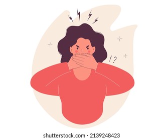 Woman  furious aggressive and angry, she covering her mouth with both hands to prevent screaming. Concept of censorship and freedom of speech