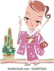 A woman in a furisode (long-sleeved kimono) is walking in front of the kadomatsu, holding an omikuji (a written oracle of fortune).vector illustration