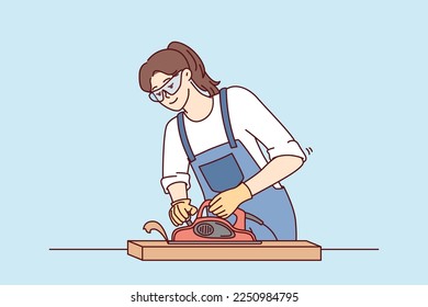 Woman furniture maker uses jointer to process wooden planks needed to create furniture. Carpenter girl in work uniform and goggles makes cabinet for house with own hands. Flat vector illustration 