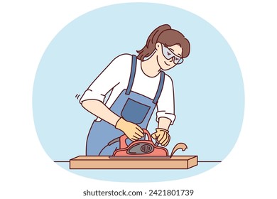 Woman furniture maker uses jointer to process wooden planks needed to create furniture. Carpenter girl in work uniform and goggles makes cabinet for house with own hands. Flat vector illustration svg