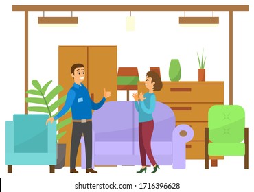 Woman in furniture store looking. Shop assistant help her. Wardrobe and closet, sofa and armchairs, plants and light vector illustration flat style