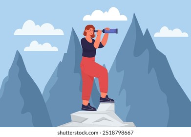 Woman with future vision. Young girl on top of mountain looking through telescope. Goal setting and planning, vision of future. Businesswoman and entrepreneur. Flat vector illustration