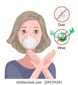 woman gag with worry gesture. Healthy of female wear protective mask against infectious diseases and flu. Stop the infection. Health care concept. Vector illustration isolated on white.