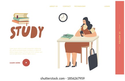 Woman Gain Knowledge and Higher Education,Landing Page Template. Female Student Character Sit at Desk in Classroom Listening Lecture and Chatting with Smartphone in Class. Linear Vector Illustration