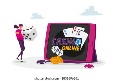 Woman Gaming, Earn Money in Internet, Online Income, Gambling. Tiny Female Character Huge Dice for Poker Game at Huge Tablet Pc with Online Casino Application on Screen. Cartoon Vector Illustration