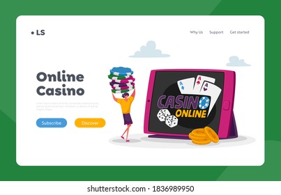 Woman Gaming, Online Income, Gambling Landing Page Template. Tiny Female Character Carry Pile of Poker Chips at Huge Tablet Pc with Online Casino Application on Screen. Cartoon Vector Illustration