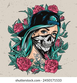 Woman gangster vintage element colorful with girl with mask hiding her face among roses with thorns on stems vector illustration