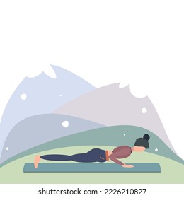 A woman in a garah practices yoga in the Four-Limbed Staff Pose or Chaturanga Dandasana. Can be used for poster, banner, postcard, flyer.