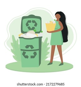 Woman with garbage near trash container on white background. Rec