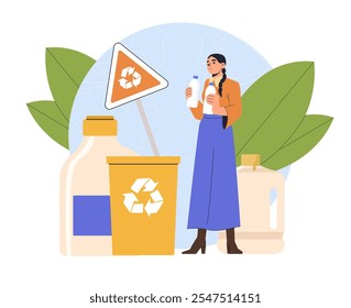 Woman with garbage sorting. Young girl near trashcan with plastic. Caring for nature and environment, reducing emission of hazardous waste into atmosphere. Flat vector illustration