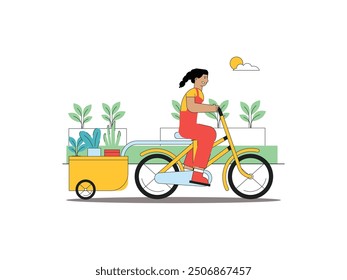 Woman in garden cultivating crops, riding a bicycle with a cart filled with plants. Character design. Vector flat illustration