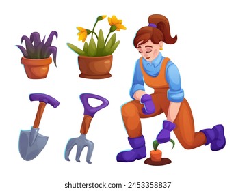 Woman with garden flower plant in pot illustration. Lady planter care vegetable and flowerpot as hobby. Female gardner with shovel and rake equipment set. Botanical career and farming work cartoon