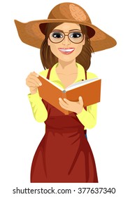 Woman with garden hat and glasses reading gardening journal
