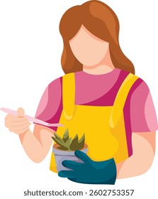 Woman with garden or house plant in pot. Home garden, greenhouse, horticulture, plant lover concept. Isolated vector illustration for poster, banner, cover.