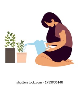 woman garden plants watering can