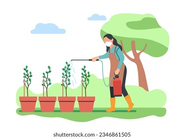 Woman in garden sprays pesticides on plants to control pests. Agriculture work. Herbicides sprayer. Female gardener caring of seedlings in pots. Fertilizer equipment