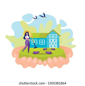 Woman with Garden Tool in Garden. Eggplant in Garden. Birds Fly Over House. Grow Organic Vegetables. Vector Illustration. Healthy Organic Food. Produced Natural Products. People and Organic Production