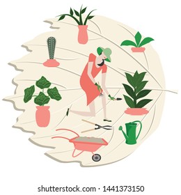 Woman with garden tools takes care of potted plants, carts, watering can - abstract leaf - isolated on white background - vector Ecological Concept. Garden care. Home care plants