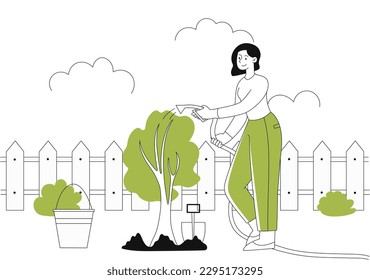 Woman in garden. Young girl waters tree with hose. Caring for plants and environment. Comfort and coziness at backyard. Household chores and routine. Cartoon flat vector illustration