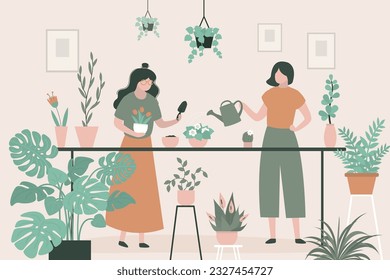 Woman gardener with adult daughter watering and growing house plants in pots. Women friends or sisters cultivate flowers, home potted plants. Home plants care, gardening hobby and cozy domestic life.