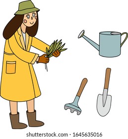 Woman gardener in a bright yellow dress. Girl spending time at greenhouse or home garden with plants growing in pots. Young woman caring for plants. Trendy vector illustration in flat cartoon style.