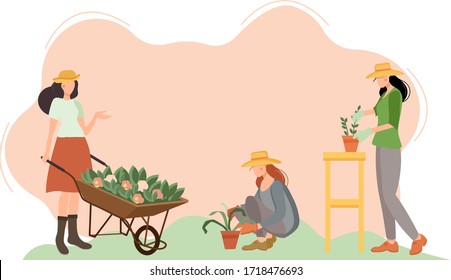 Woman gardener with a cart and flowers. Female character in a garden growing plants. Gardening together planting flowers in the garden. Farmer girl takes care of the plant. We work at home.