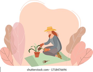 Woman gardener with a cart and flowers. Female character in a garden growing plants. Gardening together planting flowers in the garden. Farmer girl takes care of the plant. We work at home.