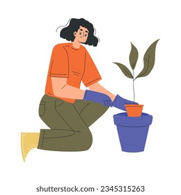 Woman Gardener Character Planting Sapling in Pot Vector Illustration