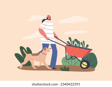 Woman Gardener Character Tending To Her Garden With A Wheelbarrow, Surrounded By Lush Greenery, Vector Illustration