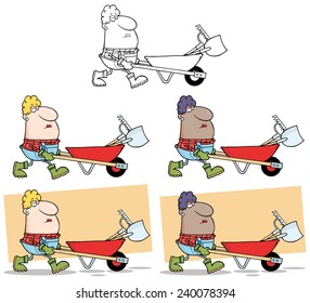 Woman Gardener Drives A Barrow With Tools. Vector Collection Set