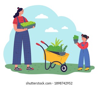 Woman gardener with equipment and a pot with greenery working flat vector illustration. Mom and daughter in the garden. Pleasant active rest in the garden. Plants cultivating and nursery. Microgreen