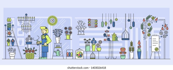 Woman gardener or florist working in botanical garden or home backyard, terrace, orangery, greenhouse. Racks with flowers in pots, ikebanas, agricultural tools. Flat vector illustration.