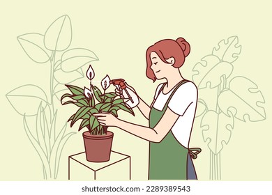 Woman gardener from greenhouse takes care of house plants by spraying leaves with fertilizer to get rid of termites. Florist girl works in greenhouse and breeds home plants for sale in own store svg