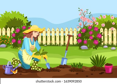 Woman gardener in hat and apron planting seedlings with trowel. Spring backyard concept with fence, blooming bushes, roses, shovel, bird and watering can. Vector stock illustration in cartoon style