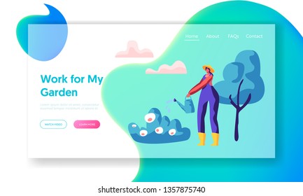 Woman Gardener in Hat Watering Bush in Garden Landing Page. Girl Worker in Boot with Water Can Growing Plant and Flora for Landscape in Yard Website or Web Page. Flat Cartoon Vector Illustration