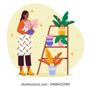 Woman gardener at home. Young girl with plants in flowerpots. Botany and horticulture. Character near ceramics vases with tropical and exotic leaves. Cartoon flat vector illustration