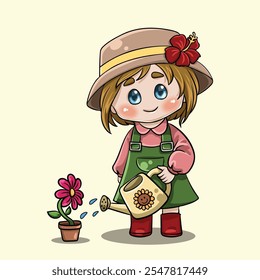 Woman gardener in kawaii style