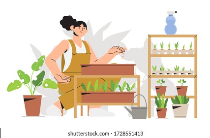 Woman gardener on balcony or patio growing plants or vegetables in flowerpots, bedding and watering seedlings. Urban apartment gardening or indoor vegitables farming banner. Seeds in paper containers.