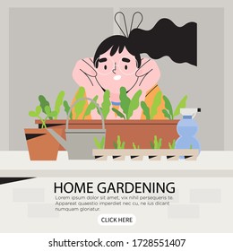 Woman gardener on balcony or window growing plants or vegetables in flowerpots. Urban apartment gardening or indoor vegitables farming banner, social media blog post or article vector illustration.