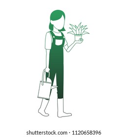 Woman gardener with plant and water can green lines